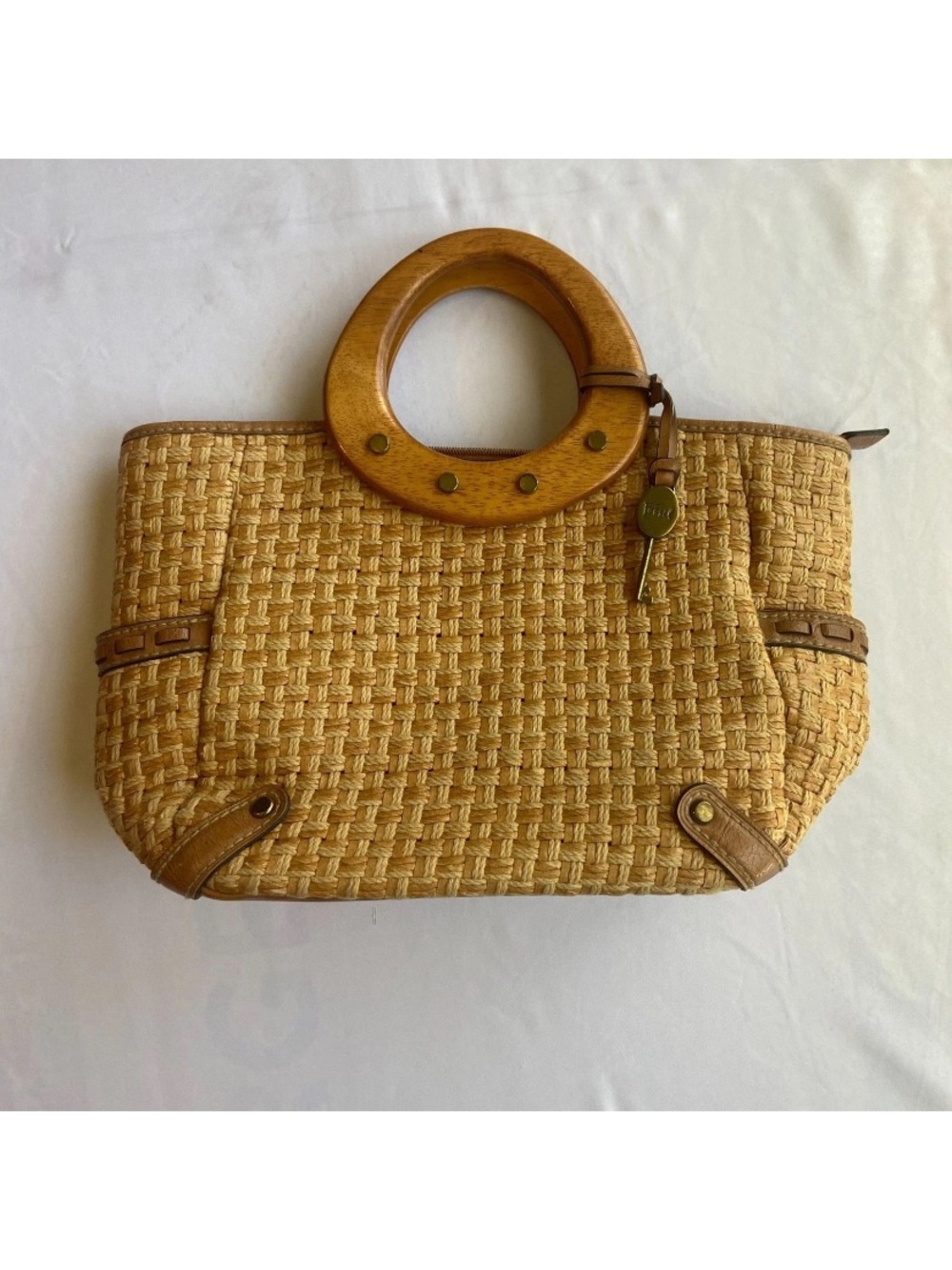 Fossil Natural Straw Satchel with Wood Ring Handles - Tan